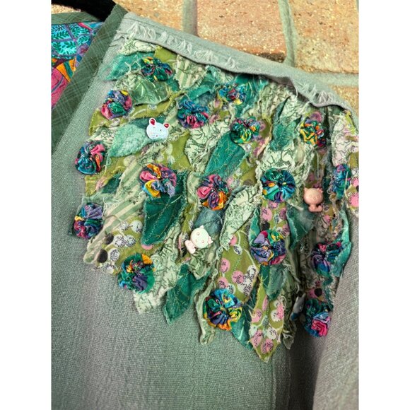Handmade Green Boho Kimono Jacket With Colorful Patchwork Applique Details - Picture 6 of 13